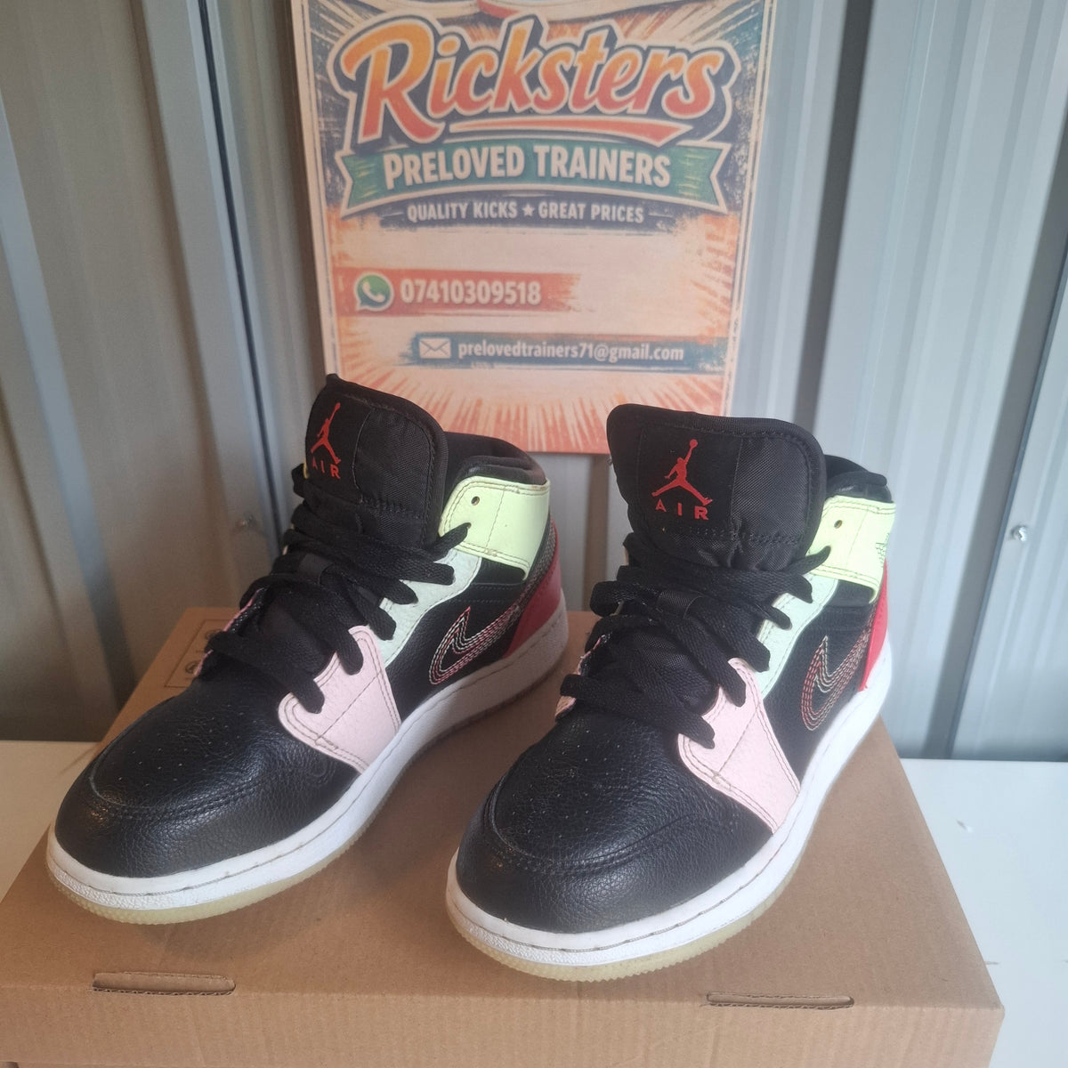 Jordan 1 Mid Trainers – Black/Pink/Yellow, UK 3.5, Very Good Condition UK 3.5