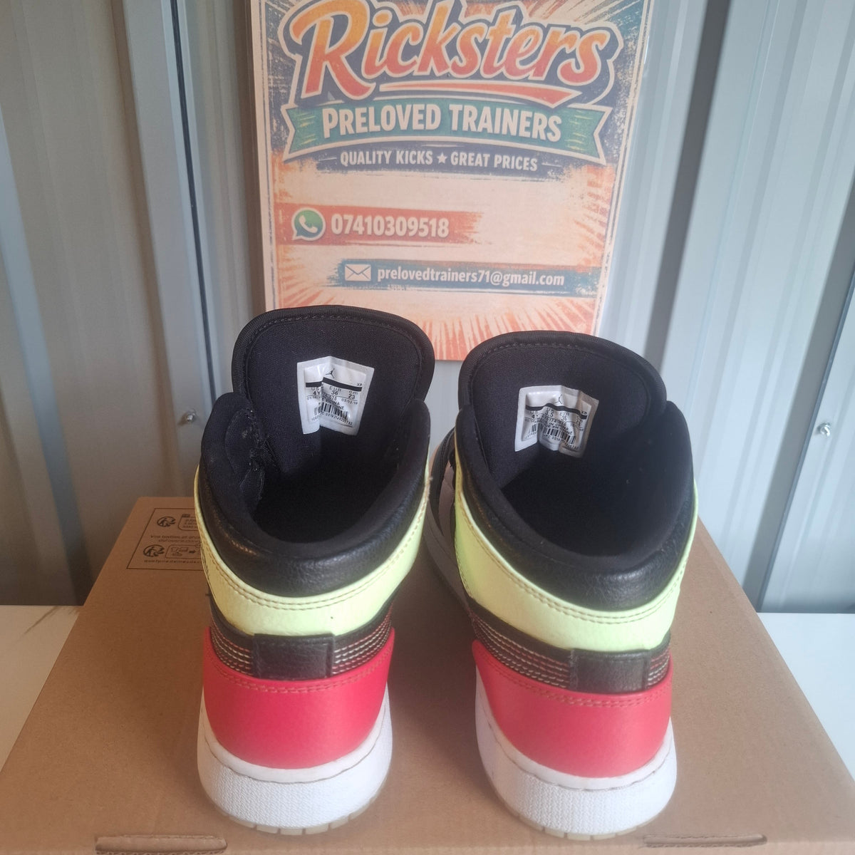 Jordan 1 Mid Trainers – Black/Pink/Yellow, UK 3.5, Very Good Condition UK 3.5