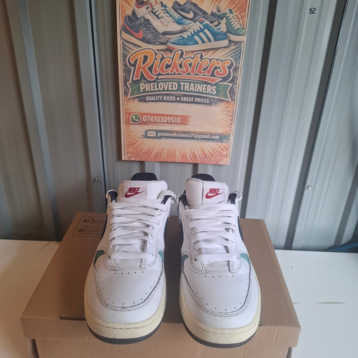 Nike Trainers - White with Blue and Green Accents, Good Condition UK 4.5