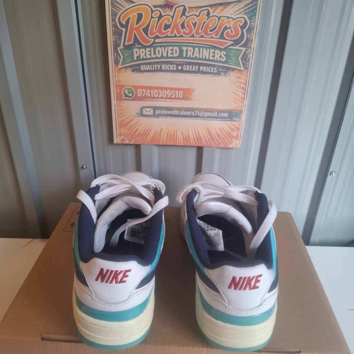 Nike Trainers - White with Blue and Green Accents, Good Condition UK 4.5