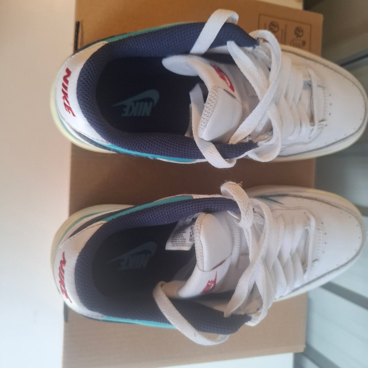 Nike Trainers - White with Blue and Green Accents, Good Condition UK 4.5