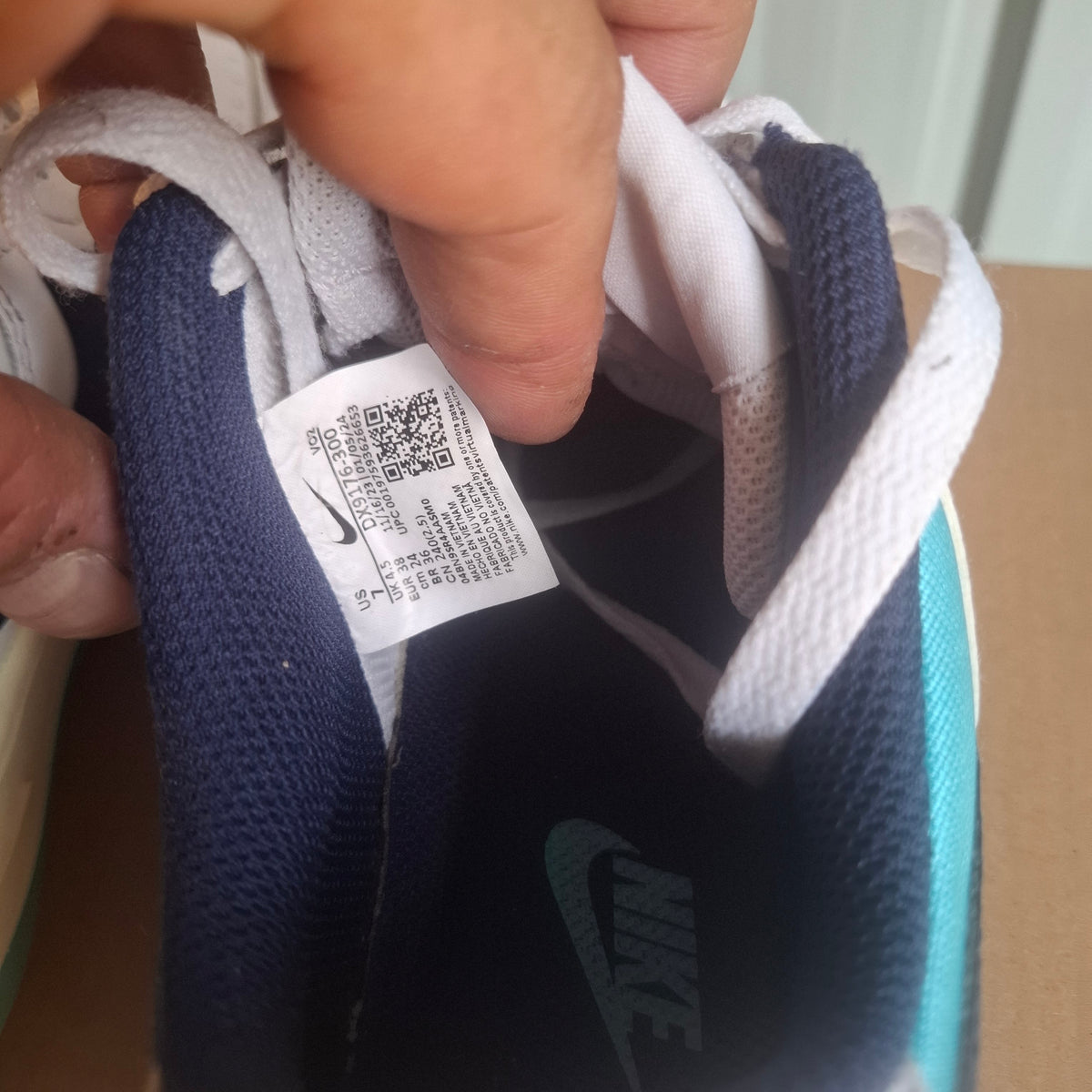 Nike Trainers - White with Blue and Green Accents, Good Condition UK 4.5