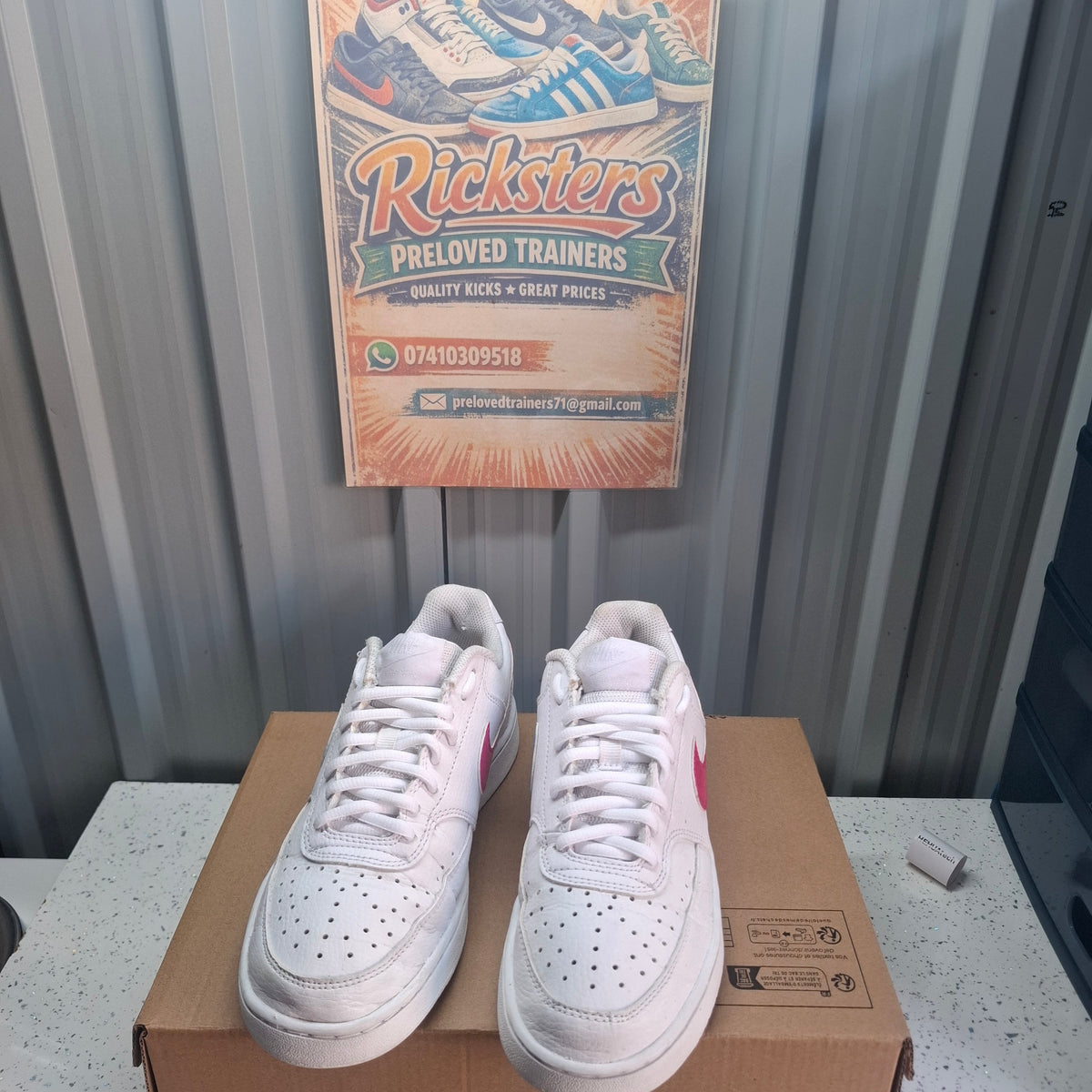 Nike White Trainers with Pink/Blue Swoosh – Good Condition UK 4.5
