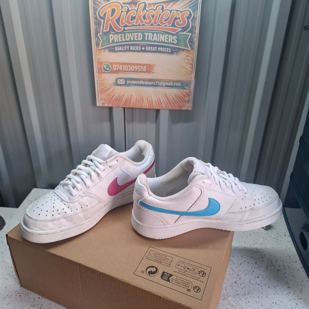 Nike White Trainers with Pink/Blue Swoosh – Good Condition UK 4.5