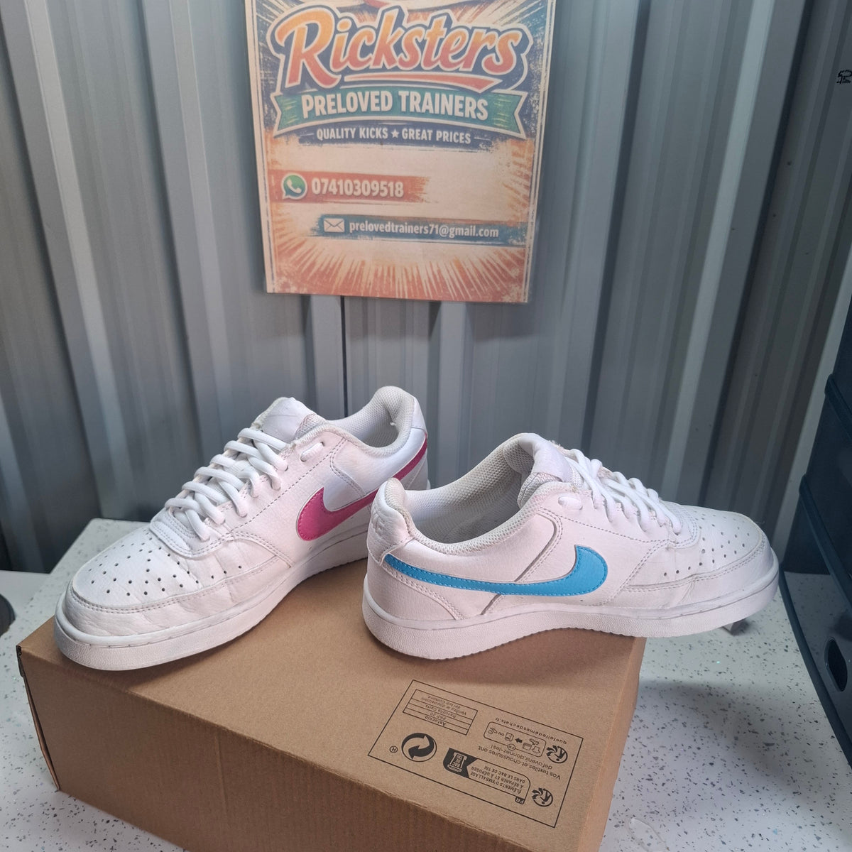 Nike White Trainers with Pink/Blue Swoosh – Good Condition UK 4.5