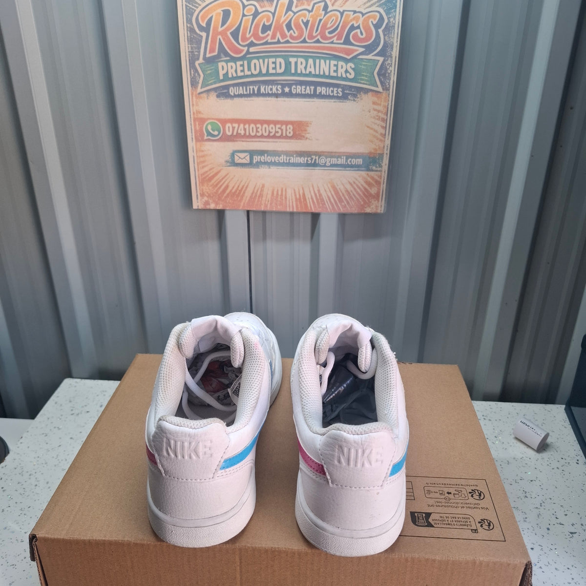 Nike White Trainers with Pink/Blue Swoosh – Good Condition UK 4.5