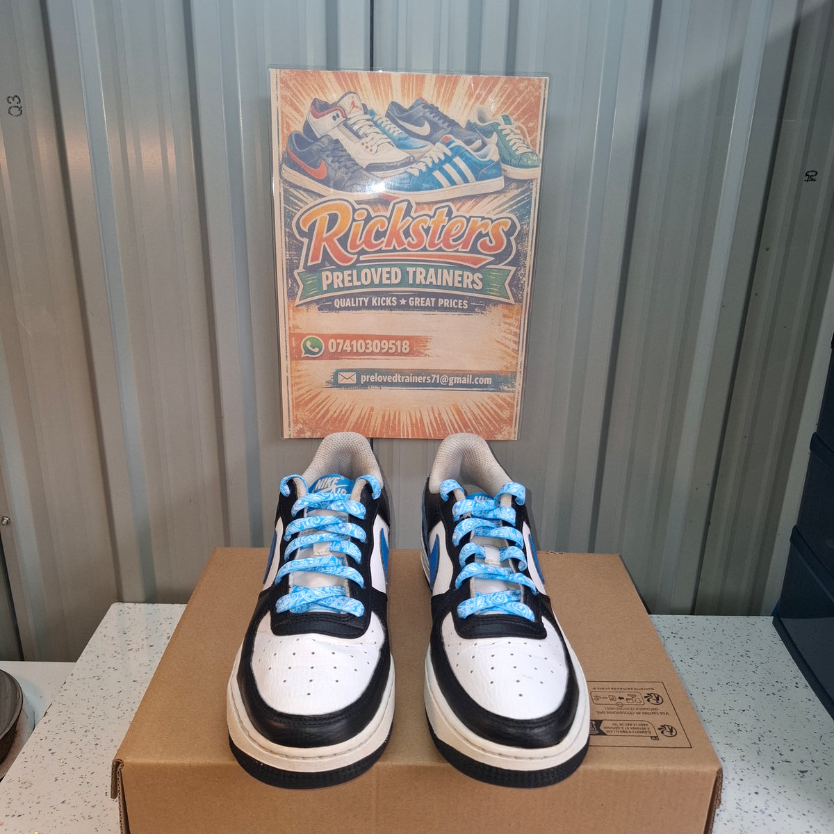 Nike Air Force 1 Trainers - Black, White & Blue, Good Condition UK 5