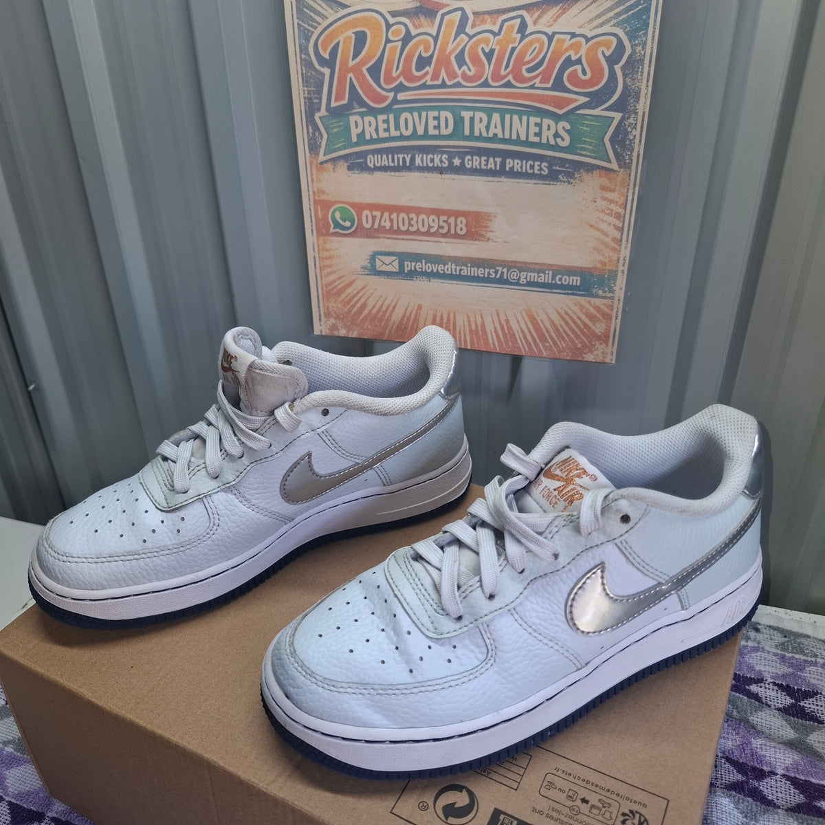 Nike Air Force 1 Trainers - White/Silver, Good Condition UK 3.5